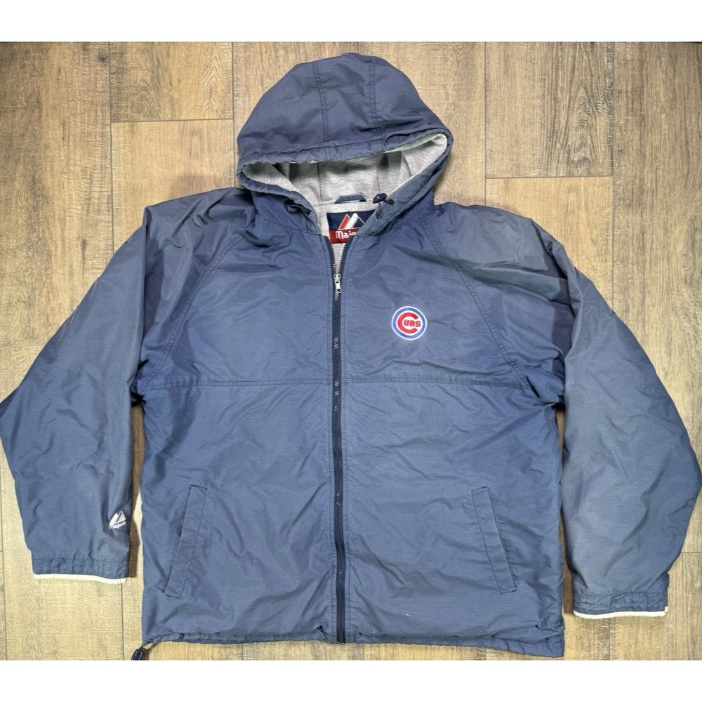 Vintage Chicago Cubs Majestic Full Zip Hooded Coat Faded Mens L MLB Y2K Jacket